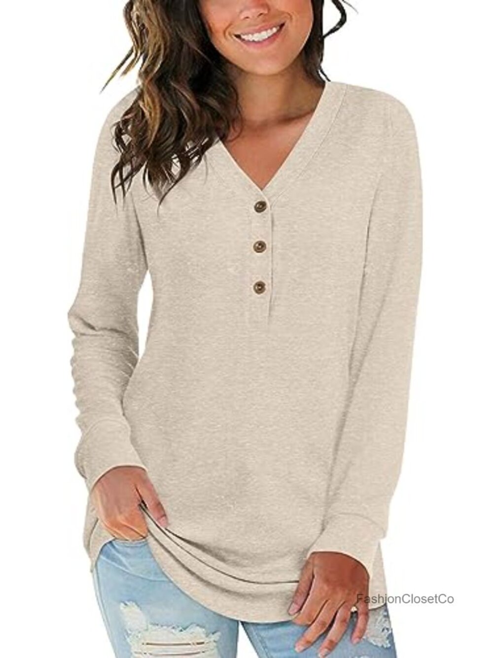 Women's Long Sleeve V-Neck Henley Tunic Blouse with 3 Buttons
